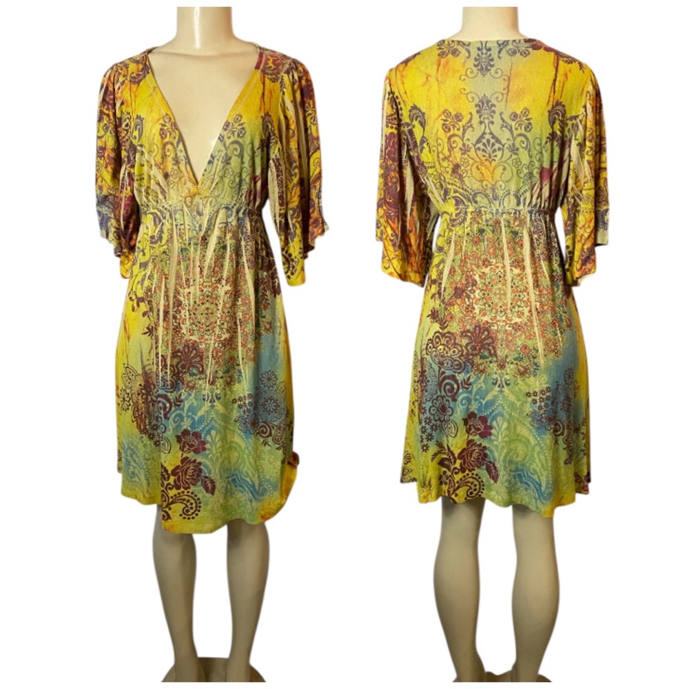 Y2K Volume One Paisley Dress Rhinestone Yellow Multicolor V Neck Fairy Grunge